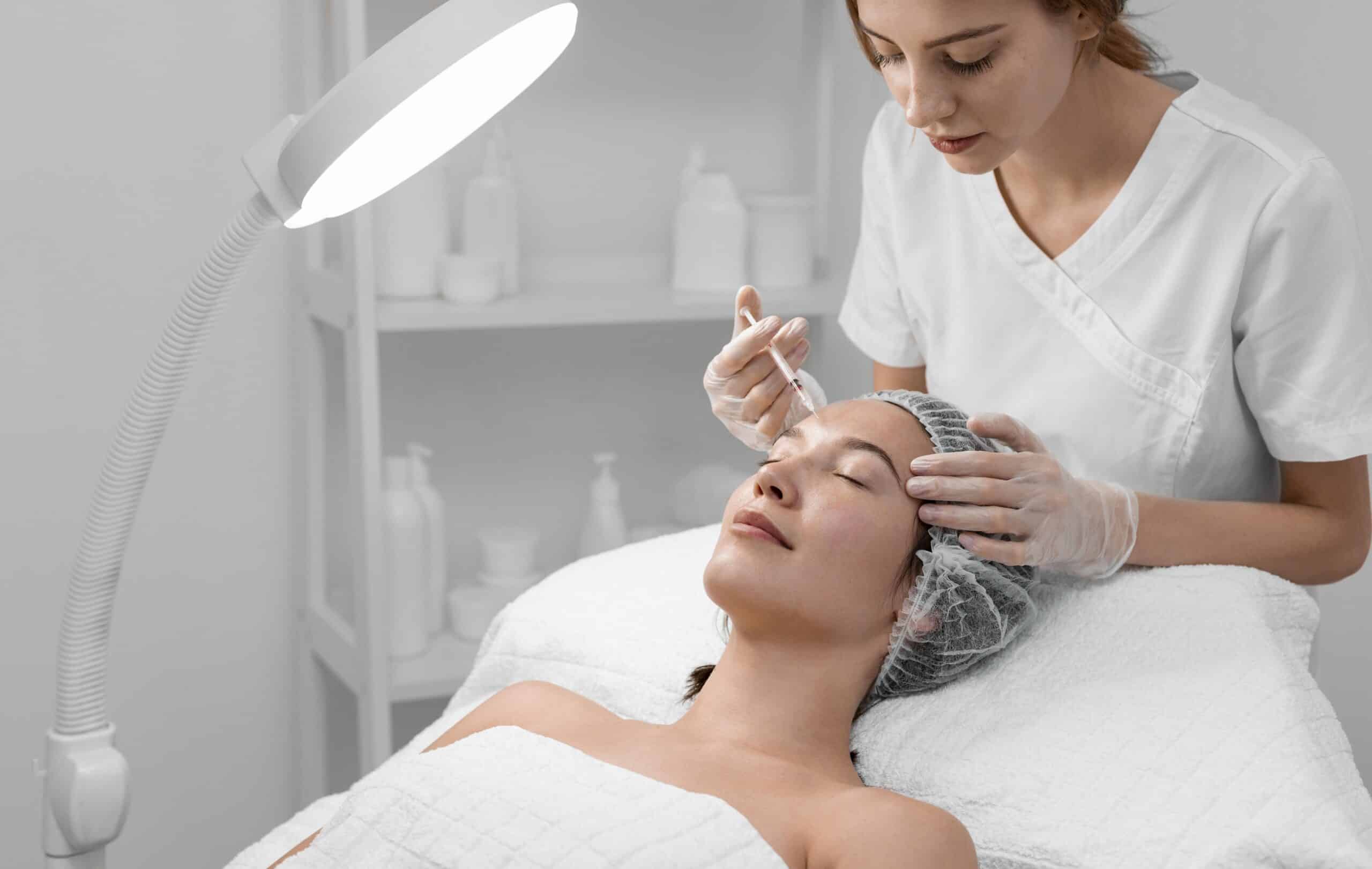 Esteticista aplicando injeção de preenchimento para cliente.